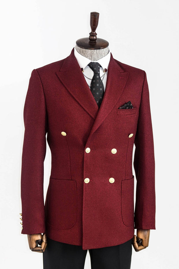 Double Breasted Slim Fit Burgundy Men Blazer - Wessi