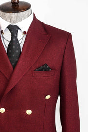 Double Breasted Slim Fit Burgundy Men Blazer - Wessi