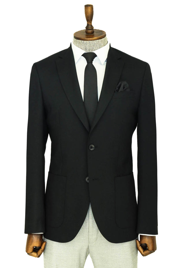 Textured Slim Fit Peak Lapel Black Men Blazer - Wessi