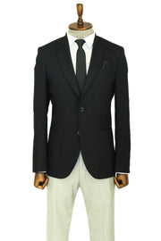 Textured Slim Fit Peak Lapel Black Men Blazer - Wessi