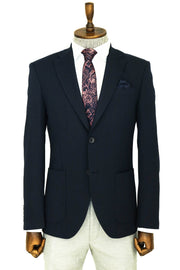 Textured Slim Fit Peak Lapel Navy Blue Men Blazer - Wessi