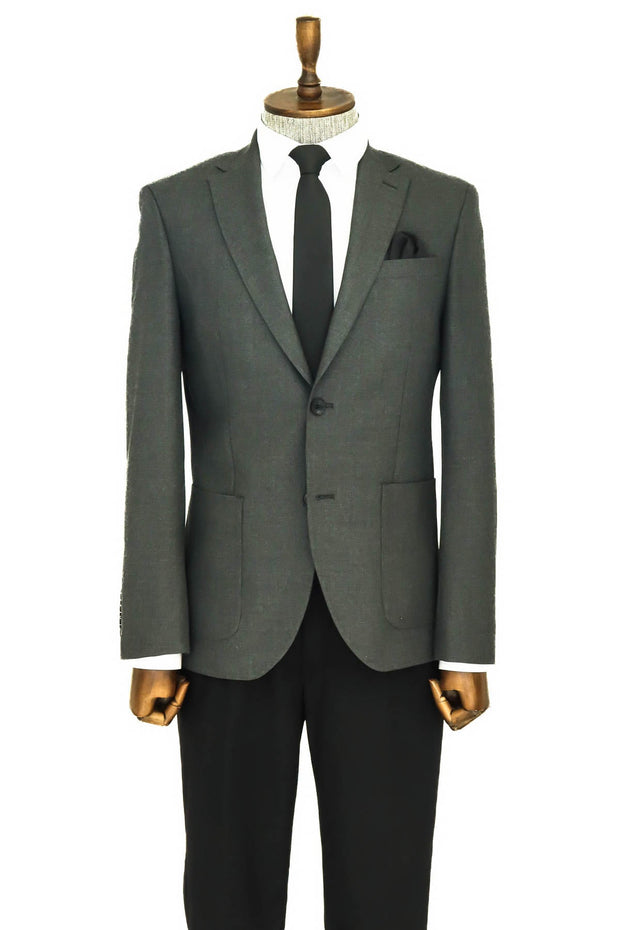 Textured Slim Fit Peak Lapel Grey Men Blazer - Wessi