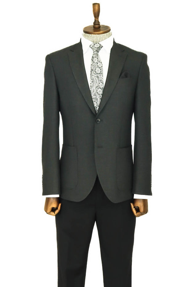 Textured Slim Fit Peak Lapel Anthracite Men Blazer - Wessi