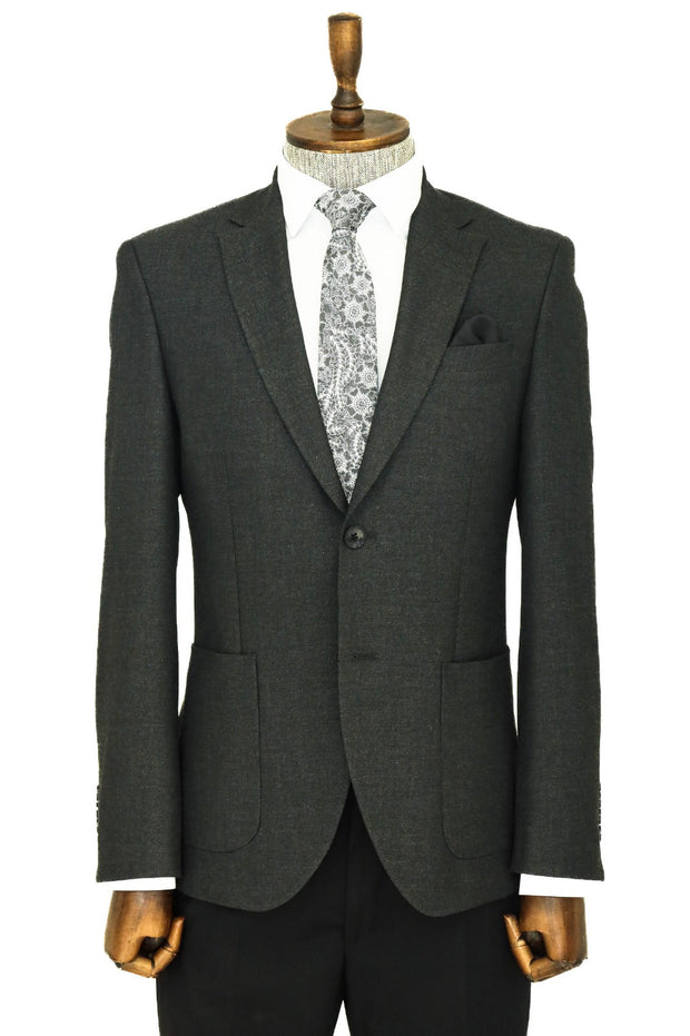 Textured Slim Fit Peak Lapel Anthracite Men Blazer - Wessi