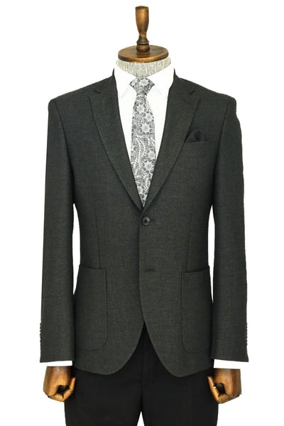 Textured Slim Fit Peak Lapel Anthracite Men Blazer - Wessi