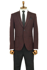 Textured Slim Fit Peak Lapel Burgundy Men Blazer - Wessi