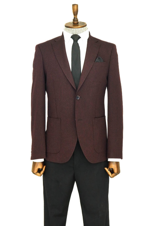 Textured Slim Fit Peak Lapel Burgundy Men Blazer - Wessi