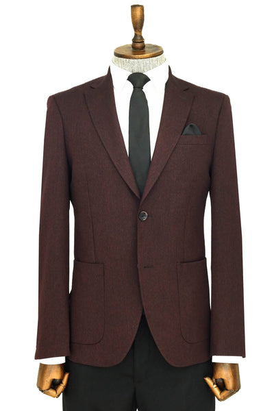 Textured Slim Fit Peak Lapel Burgundy Men Blazer - Wessi