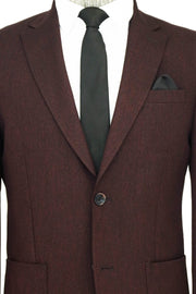 Textured Slim Fit Peak Lapel Burgundy Men Blazer - Wessi