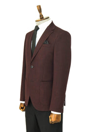 Textured Slim Fit Peak Lapel Burgundy Men Blazer - Wessi