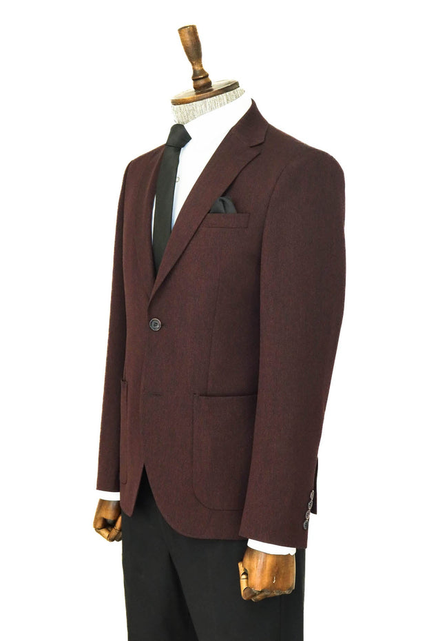 Textured Slim Fit Peak Lapel Burgundy Men Blazer - Wessi