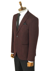 Textured Slim Fit Peak Lapel Burgundy Men Blazer - Wessi