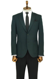 Textured Slim Fit Peak Lapel Green Men Blazer - Wessi