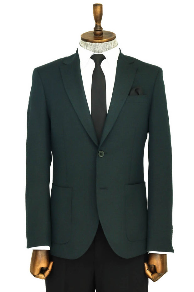 Textured Slim Fit Peak Lapel Green Men Blazer - Wessi