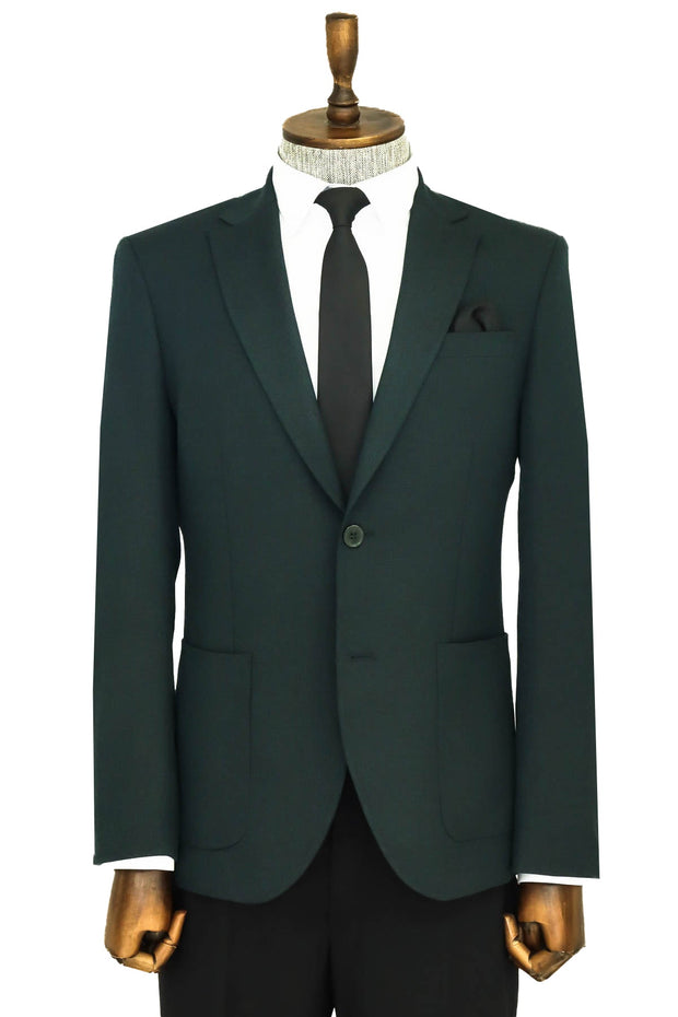 Textured Slim Fit Peak Lapel Green Men Blazer - Wessi