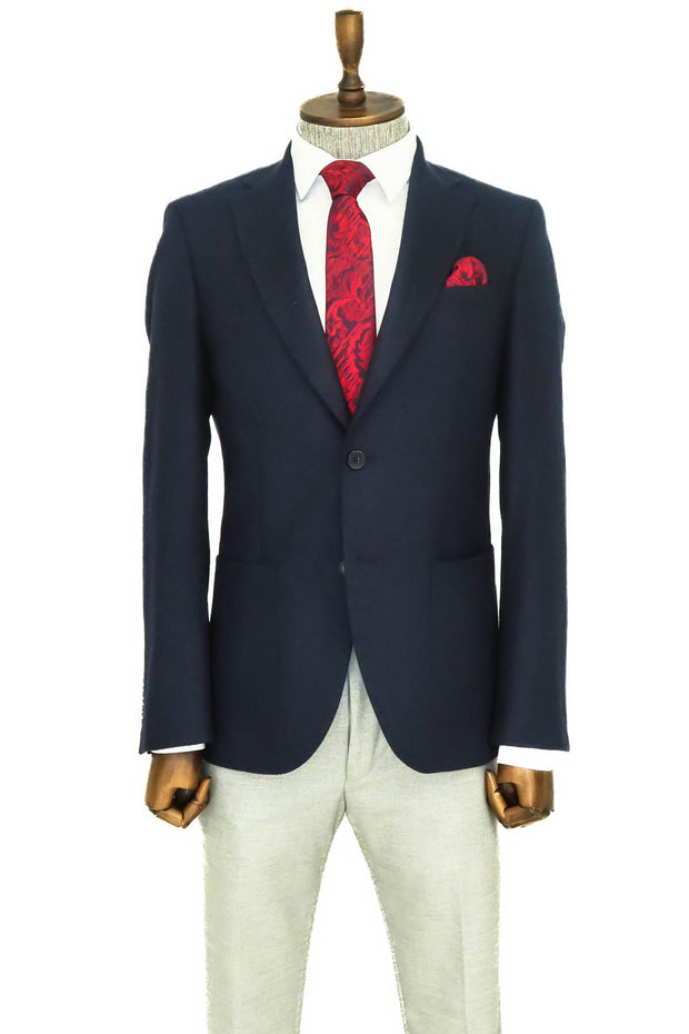 Slim Fit Plain Wide Lapel Navy Blue Men Wool Blazer - Wessi