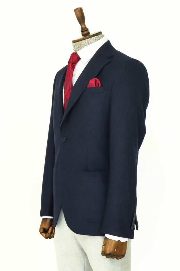 Slim Fit Plain Wide Lapel Navy Blue Men Wool Blazer - Wessi