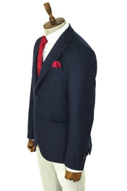 Slim Fit Plain Wide Lapel Navy Blue Men Wool Blazer - Wessi