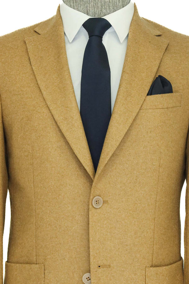 Slim Fit Plain Wide Lapel Tan Men Wool Blazer - Wessi