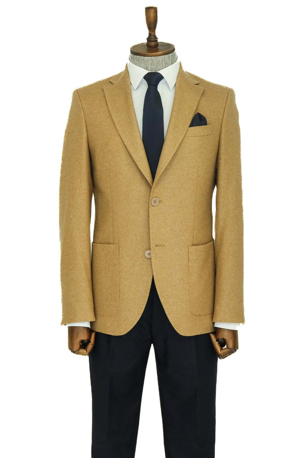 Slim Fit Plain Wide Lapel Tan Men Wool Blazer - Wessi