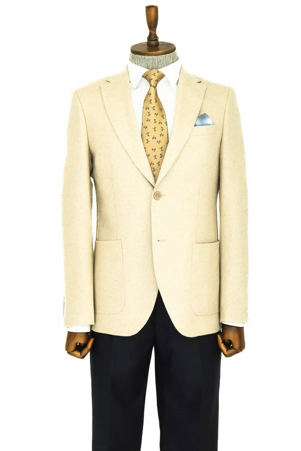 Slim Fit Plain Wide Lapel Cream Men Wool Blazer - Wessi