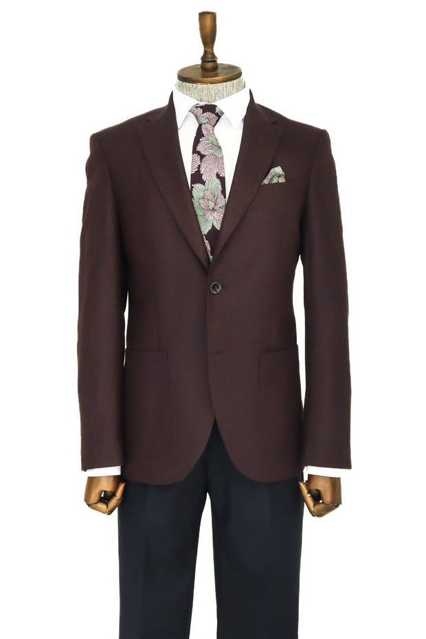 Slim Fit Plain Wide Lapel Burgundy Men Wool Blazer - Wessi