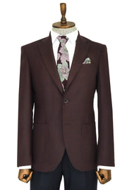 Slim Fit Plain Wide Lapel Burgundy Men Wool Blazer - Wessi