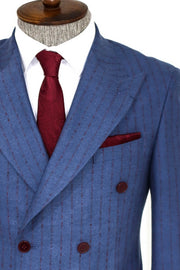 Striped Double Breasted Blue Men Blazer - Wessi