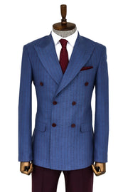 Striped Double Breasted Blue Men Blazer - Wessi