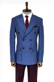 Striped Double Breasted Blue Men Blazer - Wessi