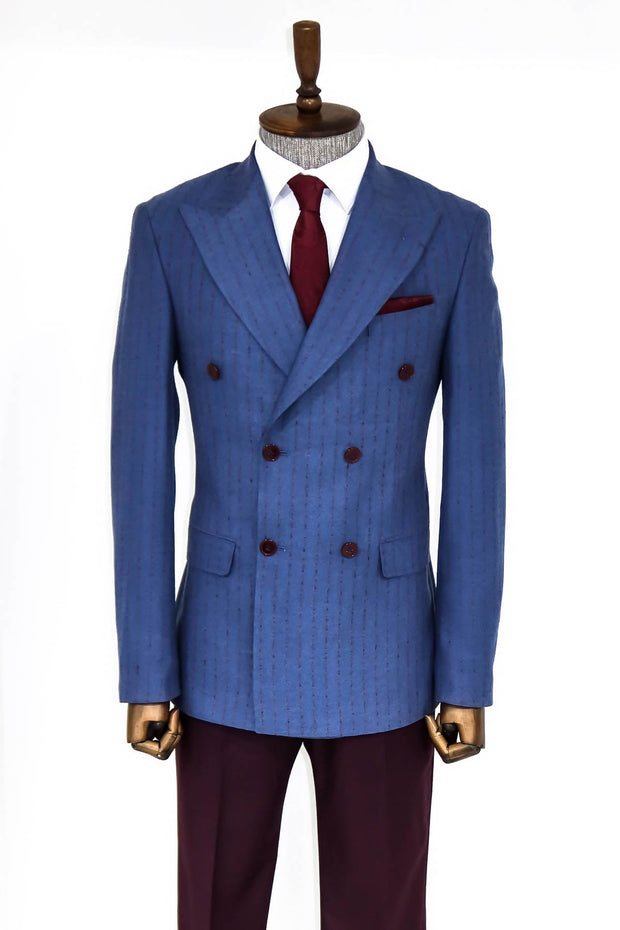 Striped Double Breasted Blue Men Blazer - Wessi