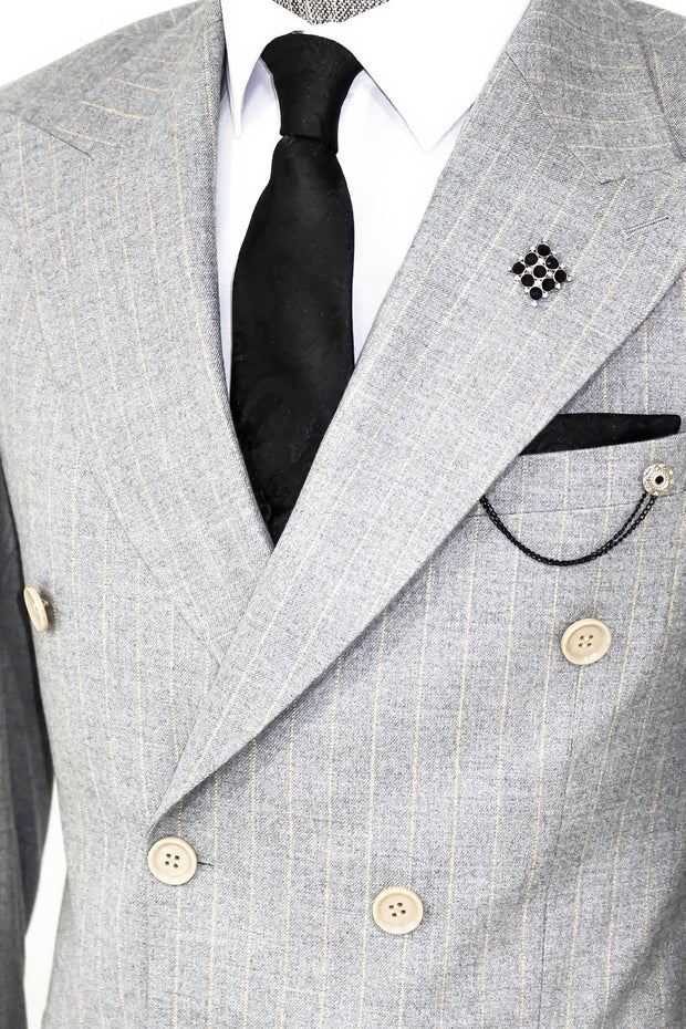 Striped Double Breasted Grey Men Blazer - Wessi