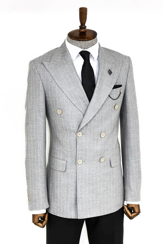 Striped Double Breasted Grey Men Blazer - Wessi