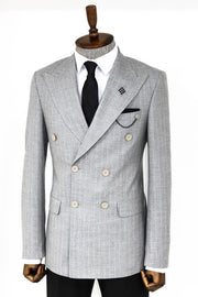 Striped Double Breasted Grey Men Blazer - Wessi