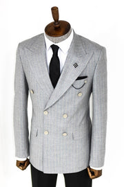 Striped Double Breasted Grey Men Blazer - Wessi