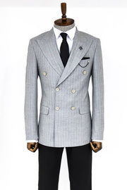 Striped Double Breasted Grey Men Blazer - Wessi