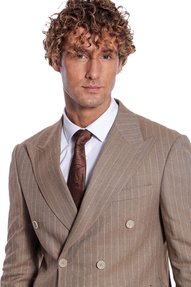 Striped Double Breasted Light Brown Men Blazer - Wessi