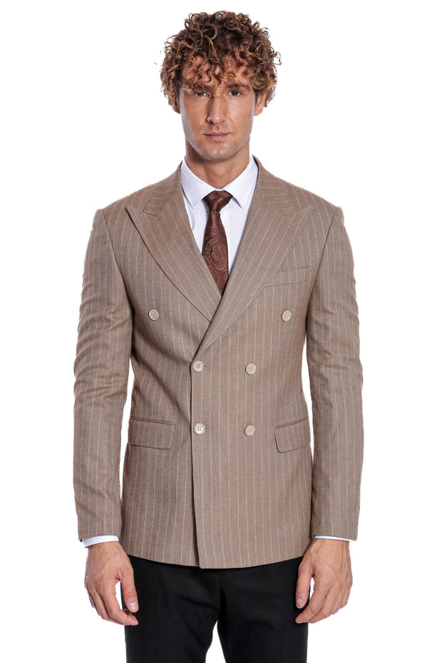 Striped Double Breasted Light Brown Men Blazer - Wessi