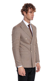 Striped Double Breasted Light Brown Men Blazer - Wessi