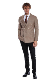 Striped Double Breasted Light Brown Men Blazer - Wessi