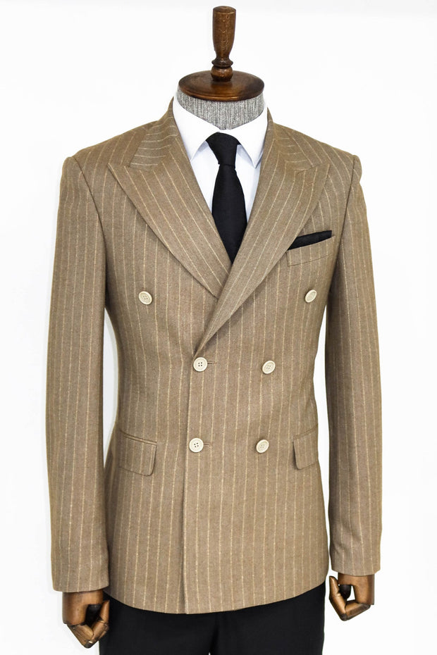 Striped Double Breasted Light Brown Men Blazer - Wessi