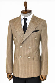 Striped Double Breasted Light Brown Men Blazer - Wessi