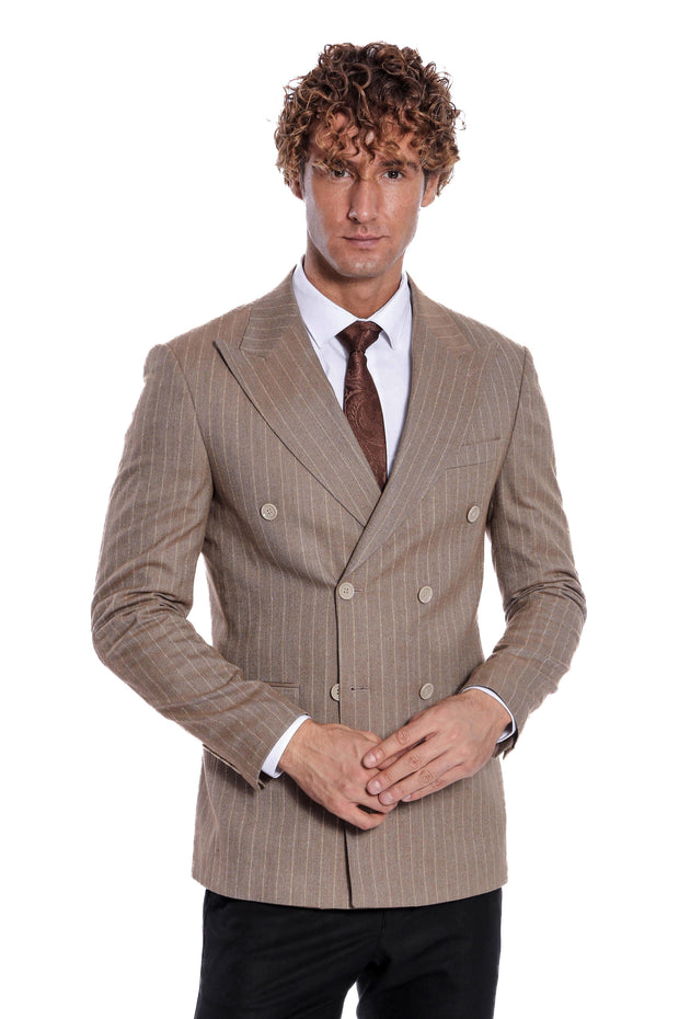 Striped Double Breasted Light Brown Men Blazer - Wessi