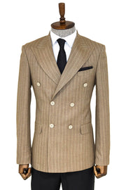 Striped Double Breasted Light Brown Men Blazer - Wessi