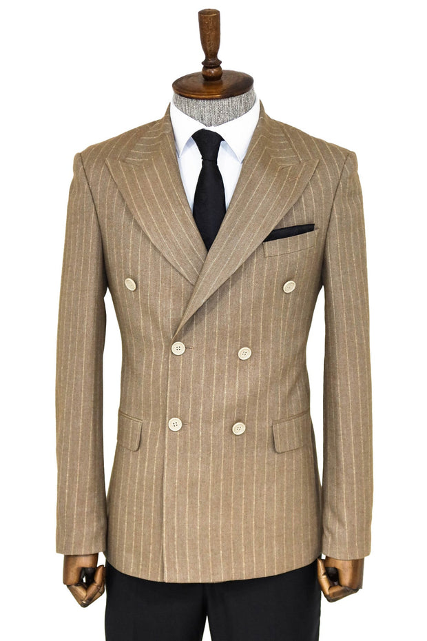 Striped Double Breasted Light Brown Men Blazer - Wessi