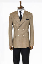 Striped Double Breasted Light Brown Men Blazer - Wessi