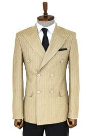 Striped Double Breasted Cream Men Blazer - Wessi