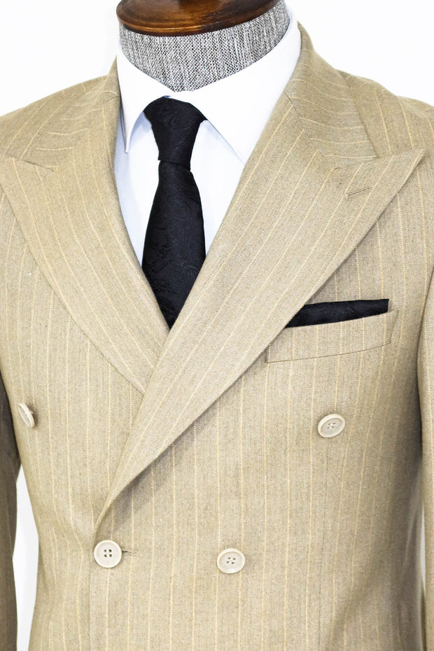 Striped Double Breasted Cream Men Blazer - Wessi