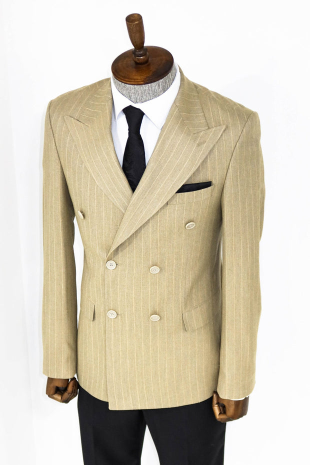 Striped Double Breasted Cream Men Blazer - Wessi