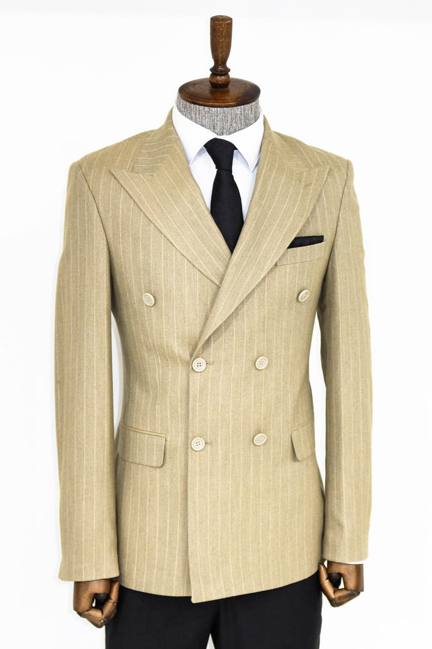 Striped Double Breasted Cream Men Blazer - Wessi